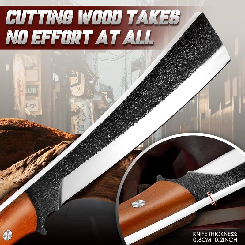 Freelander Japanese Style High Carbon Steel Machete with Red Sandalwood Ergonomic Full Tang Handle and Wood-Leather Sheath, for Camping, Hiking, Yard Work, and Survival,Christmas Gifts for Men Women - Image 5